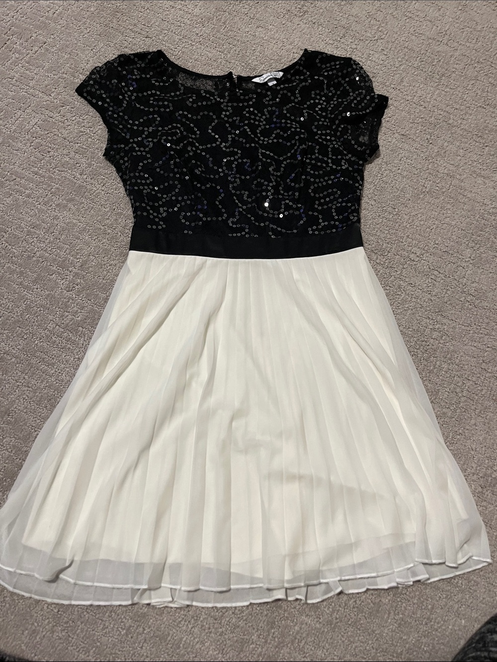 Speechless Black Sequin Top with Cream Pleated Skirt Dress